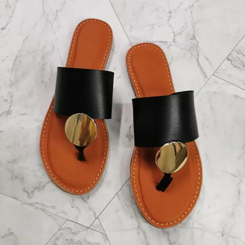 Fashion Women Leather Summer Sandals Shoes Retro Design Thin Straps Open Toe Beach Slides Flat with Plus Size 41 Female Footwear