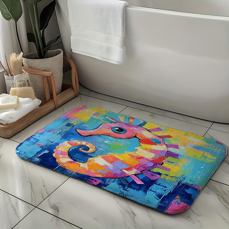 Colorful Seahorse Printed Flannel Bath Mat With Artistic Paint Style Soft Non Slip Rug For Bathroom Or Home Decor