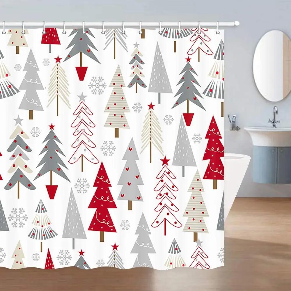 Happy Hew Year Shower Curtain Christmas Background With Decorative Xmas Trees Polyester Fabric Bath Curtains Decor Set With Hook