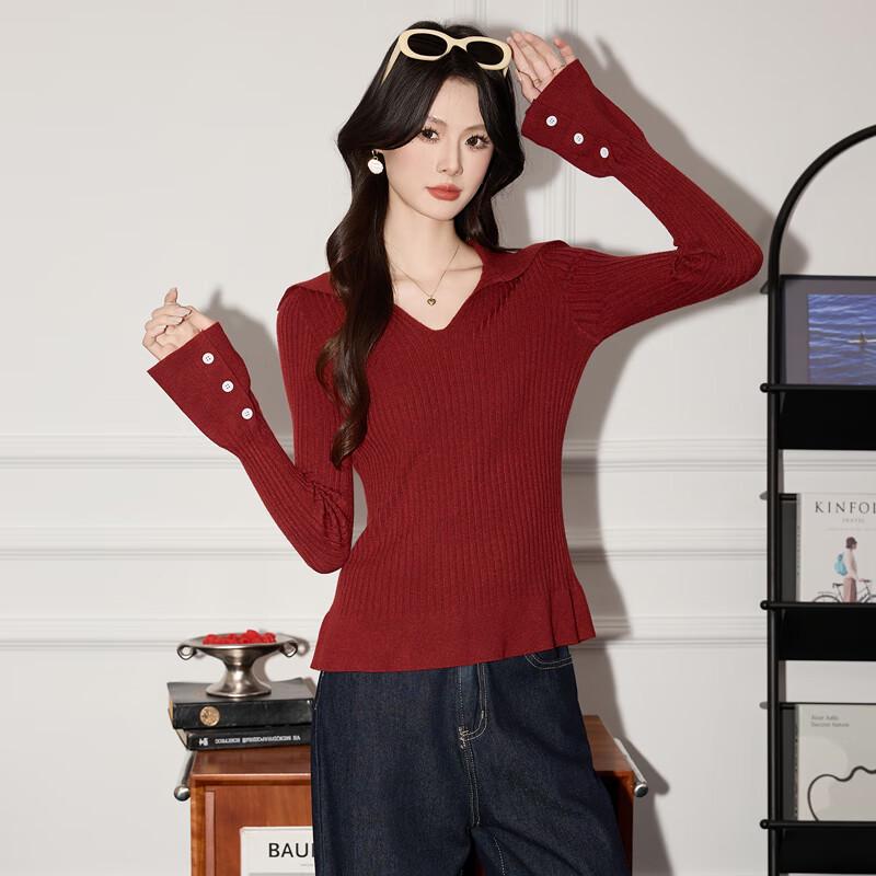 Women s Polo Collar Long Sleeve Knit Sweater One Size