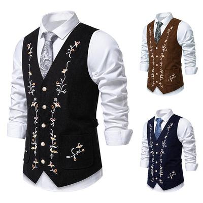 European Retro Men's Floral Embroidered Corduroy Vest with Color Block Shawl - Elegant Gentleman Stage Banquet Wear.
