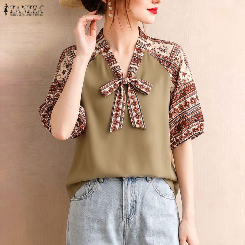 ZANZEA Camicetta Casual da Donna con Stampa Etnica, Scollo a V, Manica Corta Ampia