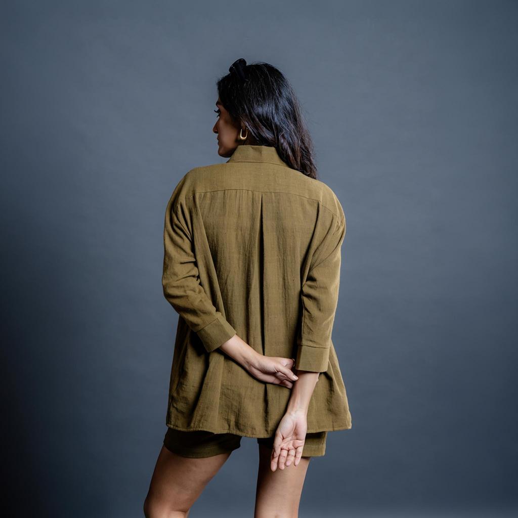 Women’s Olive Cotton 2pcs Set Casual Oversized Shirt Shorts Set Summer Outfit for Travel Lounge Wear Daily Wear