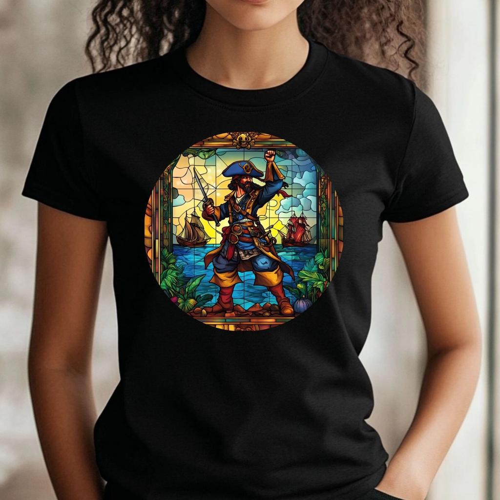 T-Shirt Women Pirate Stained Glass Motif Cotton Size XS To 3XLWill Be Opened In a New Window or Tab