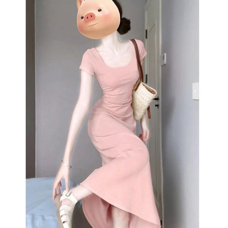 Casual Simple Style Solid Color U-neck Dress Women's Slightly Fat Long Dress Little Mother Waist Hip Skirt Summer Wholesale
