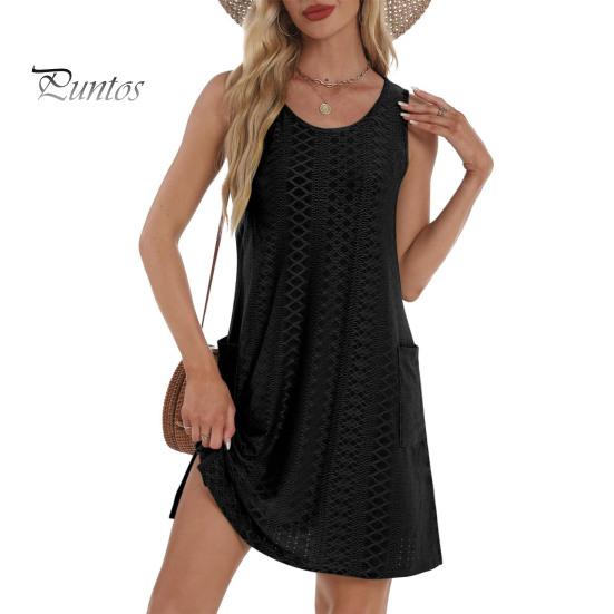 

Летнее гавайское платье с карманами, круглым вырезом, А-силуэта, свободного покроя, без рукавов, с разрезом по низу, повседневное пляжное мини-платье S чёрный