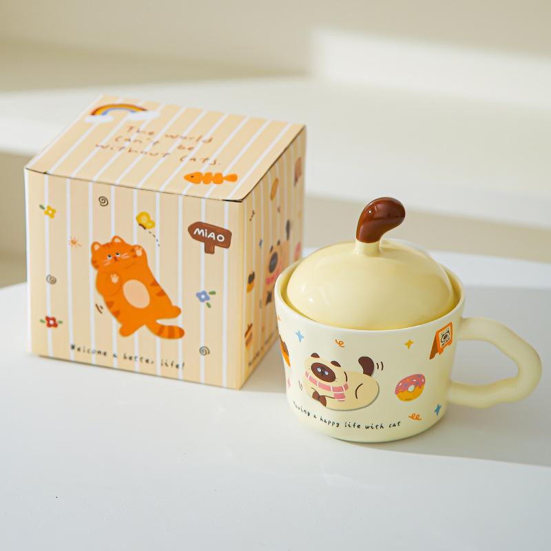 Fun Kitten Mug with Lid Office Cute Ins Ceramic Water Cup Personalized Creative Gift Cup