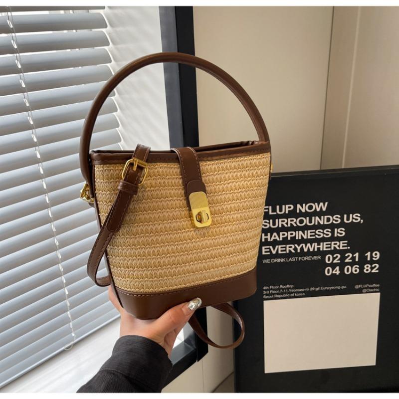 2025 Лето Новая Мода Контрастный Цвет Плетеные Женские Сумки Повседневные Отпуск Морской Берег Женская Сумка-Ведро Нишевая Текстура Полосатые Женские Сумки-Мессенджеры