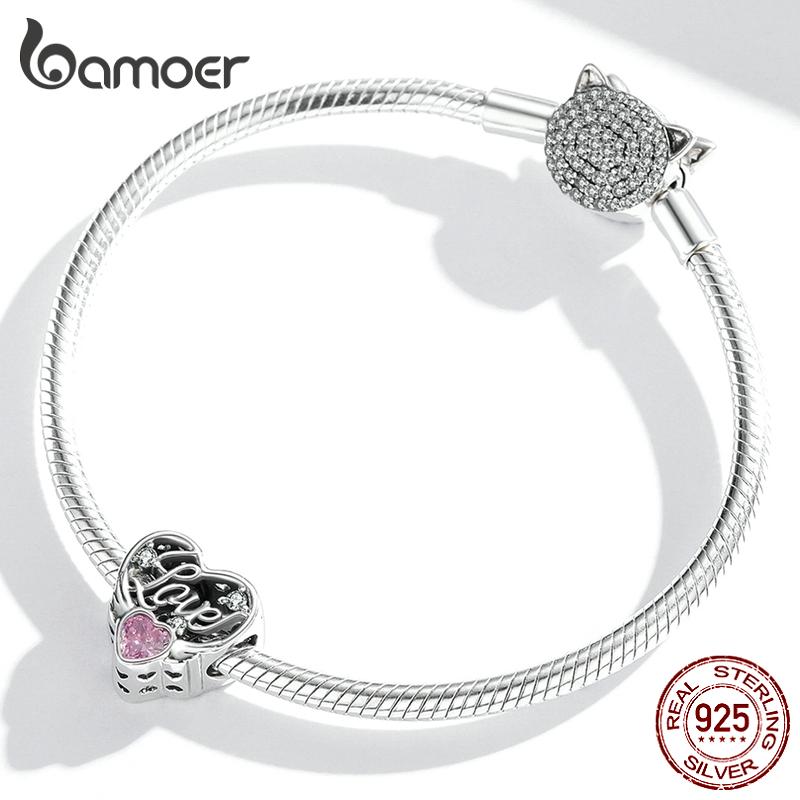 BAMOER 925 Sterling Silver wykwintne jasnoróżowe cyrkon Hollow Heart Charm koraliki dla kobiet Fine Jewelry