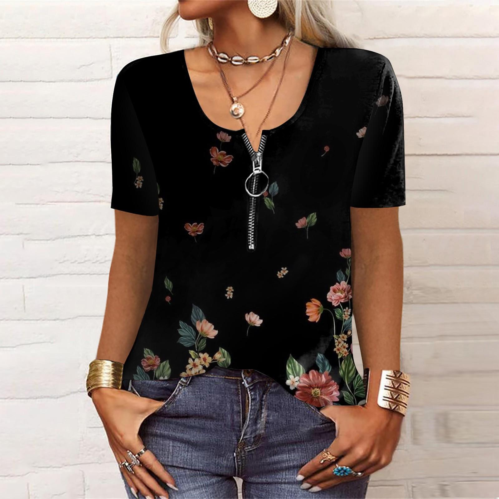 

Women s Short Sleeve Casual Fashion Printing Round Neck Loose Short Sleeve Top M чорний