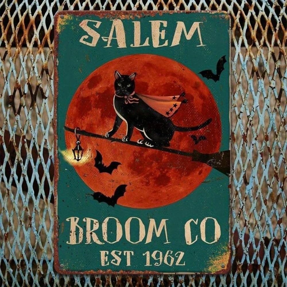 Vintage Halloween Metall Wandkunst Besen Hexe Katze Salem Dekor Goth Zuhause
