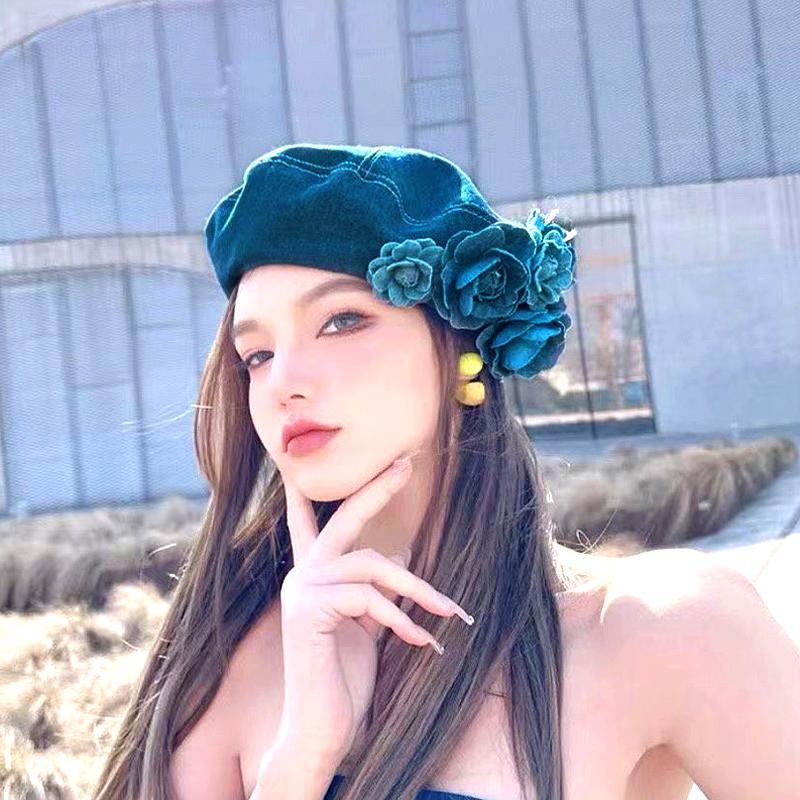 1PC Woman Vintage Blue Camellia Elegant Trendy Fashion Denim Fabric Painter Cap Beret