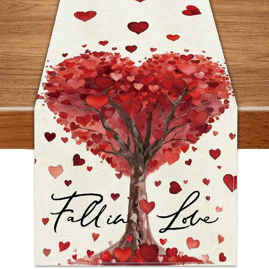 Valentine’s Day Pink Love Heart Tree Table Runner 13x72 Inch Red love heart tree