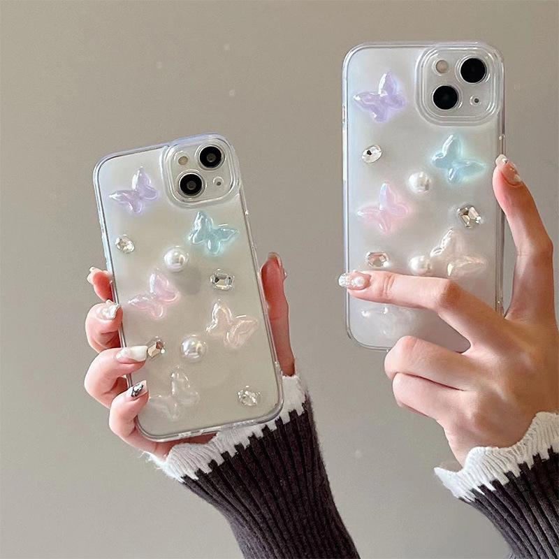 Color Butterfly Rhinestone Pearl Mobile Phone Case For Iphone17Promax Fine Hole All-Inclusive Apple 16 Anti-Drop Soft