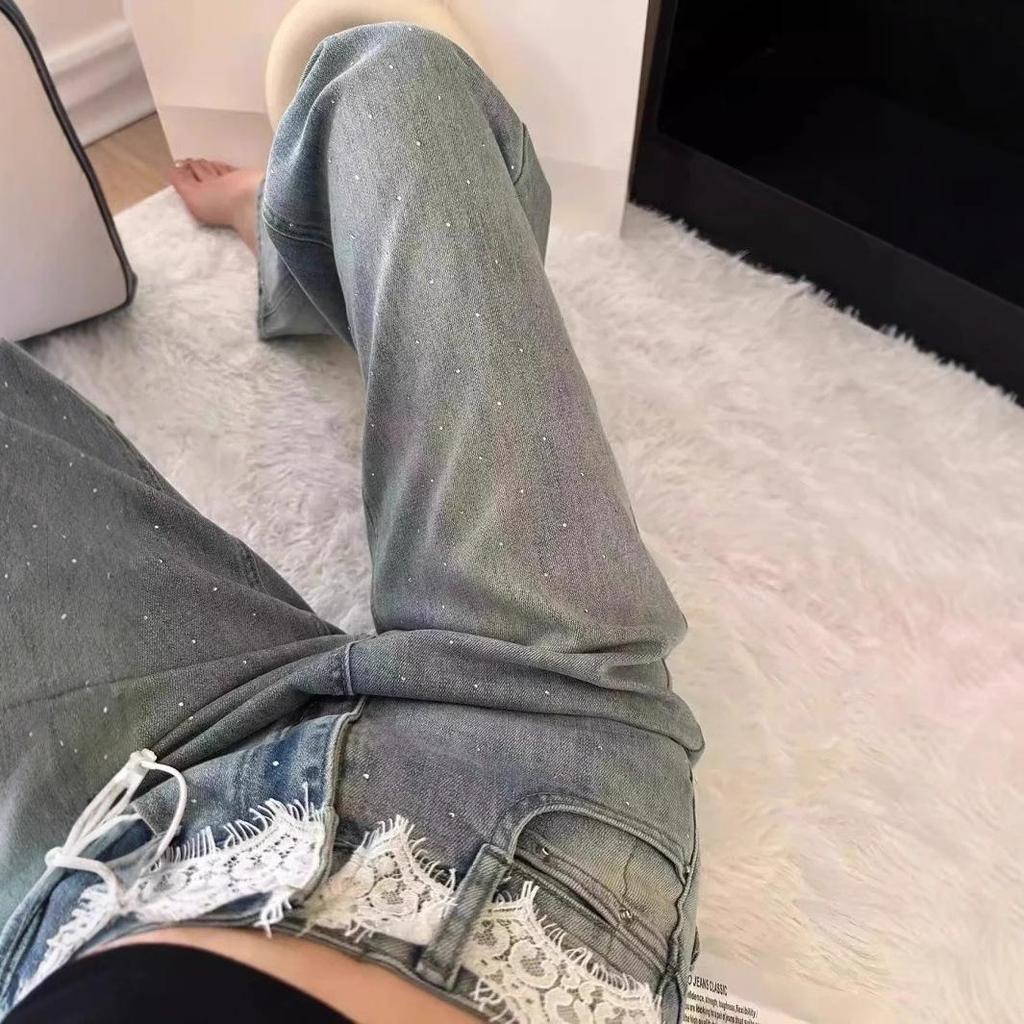 Women's High Waist Rhinestone Jeans - Wide Leg, Loose Fit, Floor Length, Summer Style