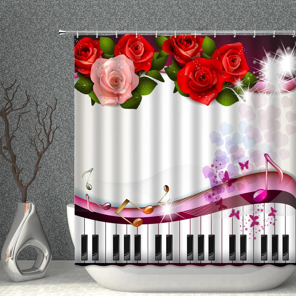 Love Shower Curtain Romantic Lover Rose Flower Piano Balloon Petal Bicycle Print Pattern Washable Household Decoration With Hook
