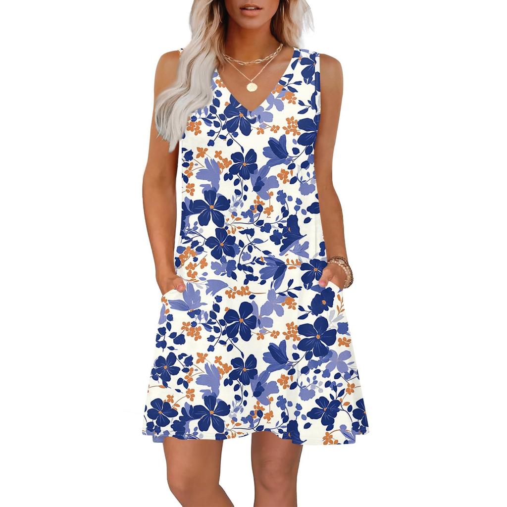 Women's Summer Dresses Loose Fit Printed V Neck Sleeveless Sundresses Beach Hawaiian Dress With Pockets