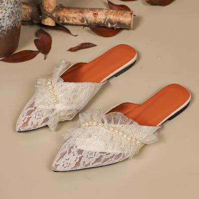 Fashion Bead Lace Mesh Women Flats Slippers Designer Pointed Toe Shoes 2025 Fashion Summer Slingback Sandals New Trends Casual Sandalias