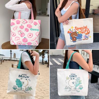 Cute Genuine Brown Bear Canvas Bag Women's New Large-capacity Zipper Student Shoulder Bag Tutoring Bag