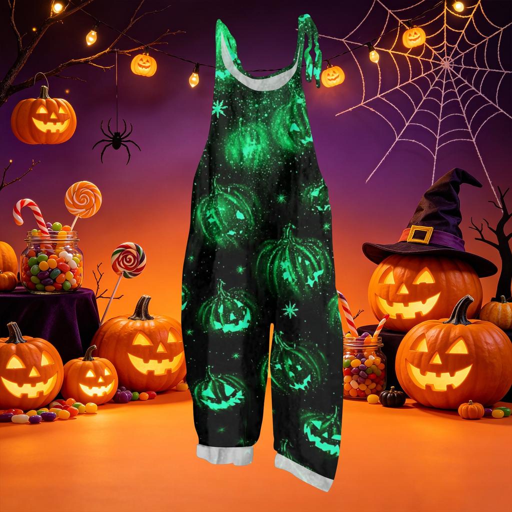 Loose Fit Casual Jumpsuit Women Sleeveless Vintage Style Cotton Linen Overalls Halloween Pattern Wide Leg Romper