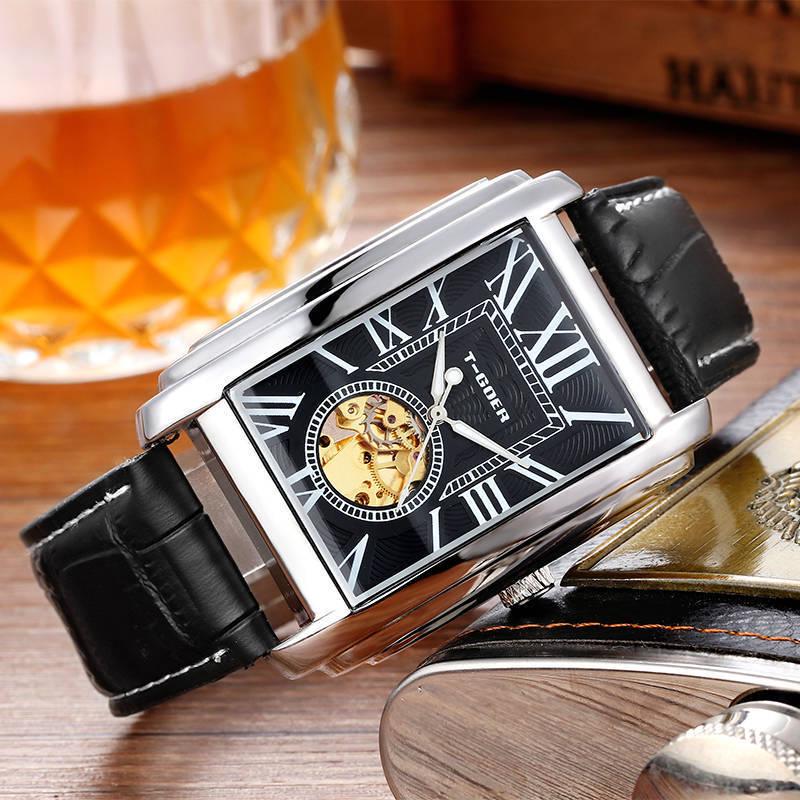 

GOER Мужские автоматические прямоугольные часы с календарем на кожаном ремешке