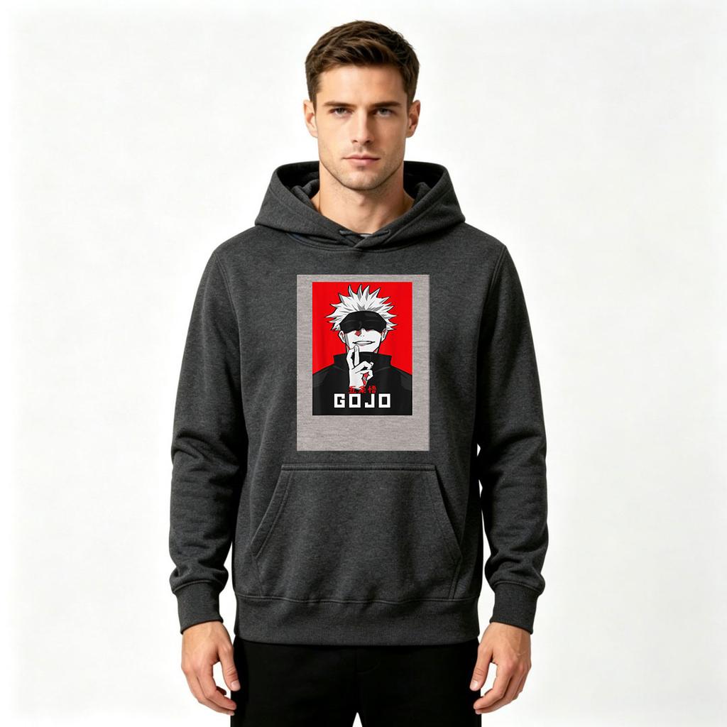 Anime Gojo Printed Men Pullover Hoodie, Casual Long Sleeve Black Hooded Sweatshirt for Daily Wear