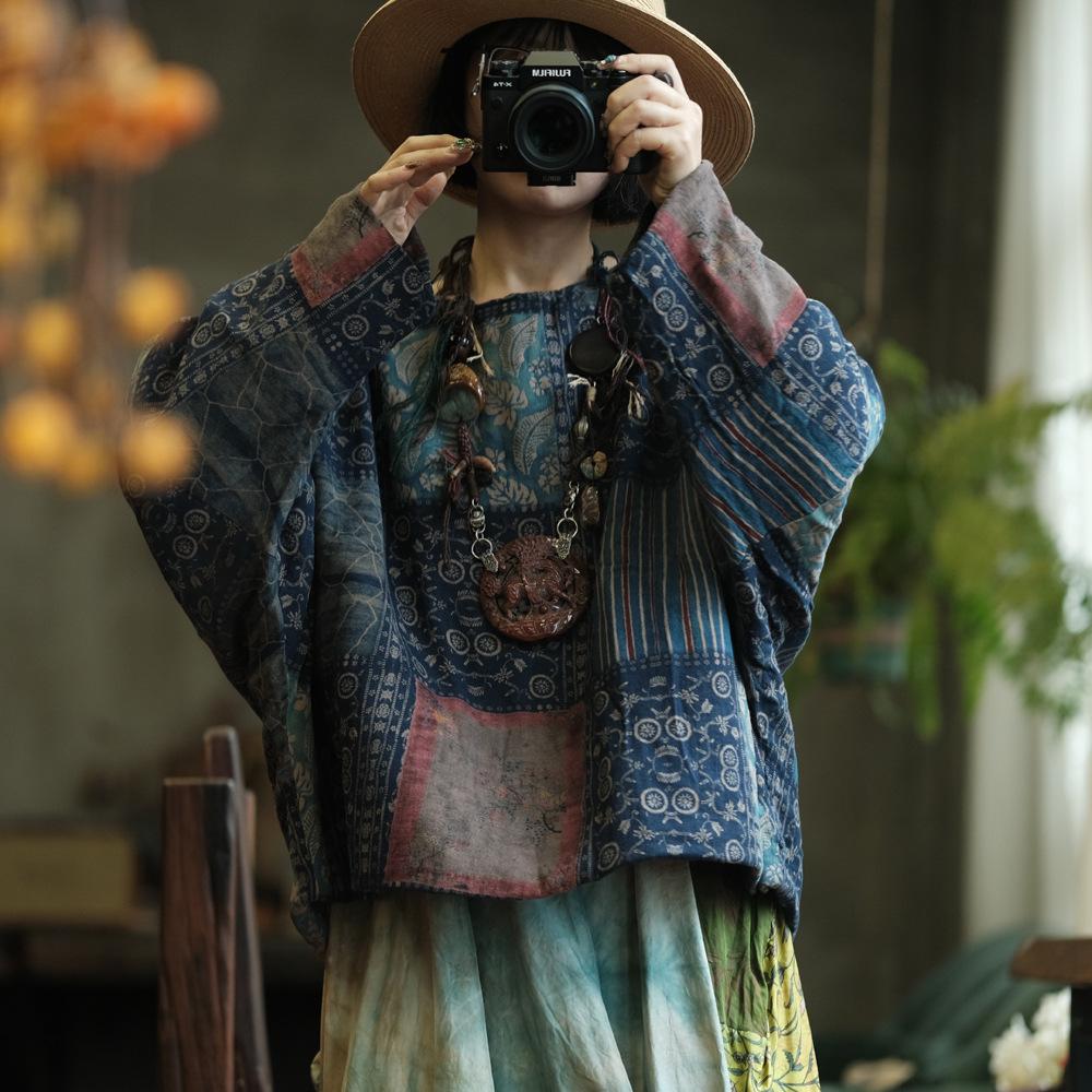 Johnature Dámský vintage květinový manšestrový zimní svetr s dlouhým rukávem a výstřihem do O-neck