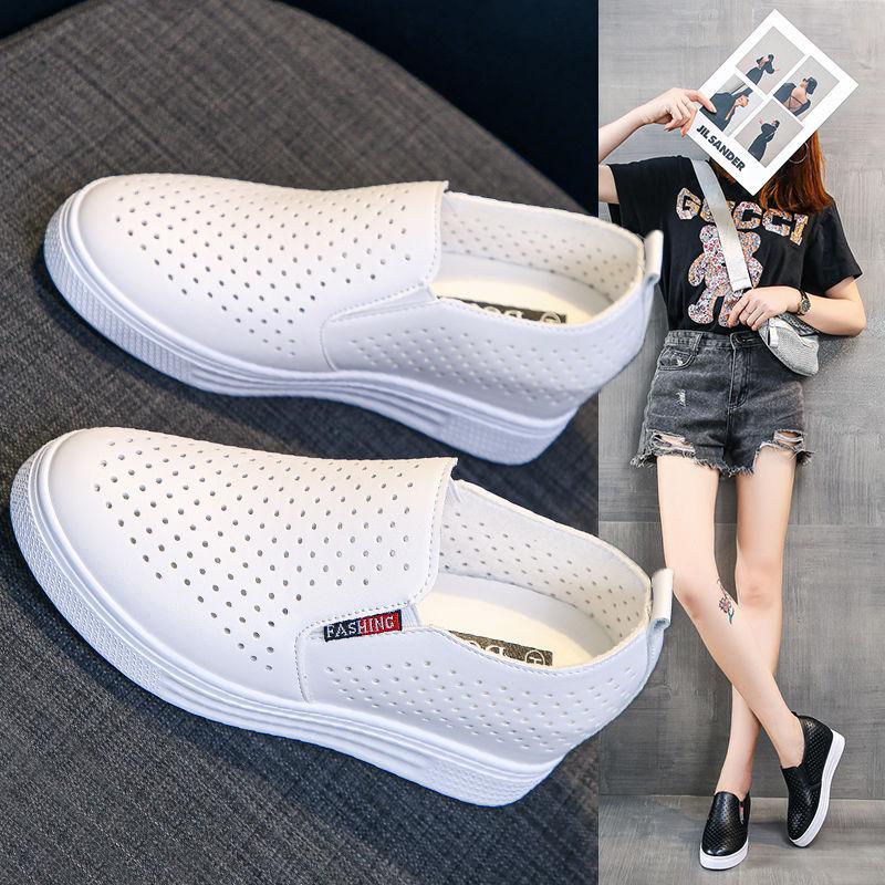 Inner heightening women's shoes leather surface white shoes women's spring and summer new Korean version of slope heel platform casual shoes one peda