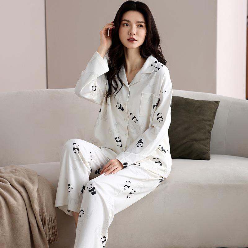 Women's Pure Cotton Long Sleeve Pajama Set - Loose Fit, Plus Size, for Autumn/Spring
