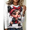 Cartoon Animal Portrait Printed T-shirt Women Loose Large Round Neck Casual Top Fashionable Versatile Leisure 3D Long Sleeved T-shirt
