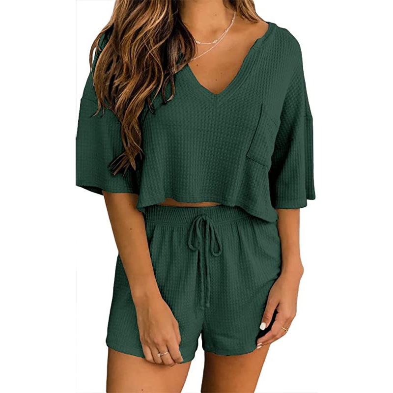 Spring and Summer Waffle Short Sleeve V-Neck Top Shorts Home Two Piece Set
