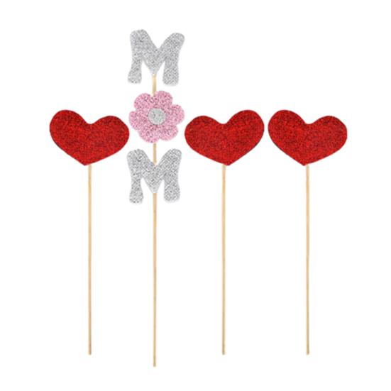 Mother's Day Cake Toppers I Love Mom Cupcake Topper Picks Glitter Hearts Flowers Crown Picks for Mom's Birthday Party Cake Decor