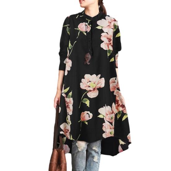 

Необычная рубашка большого размера с винтажным подолом и цветочным принтом, повседневный пуловер с длинными рукавами, свободный топ длиной до колена в богемном стиле XL