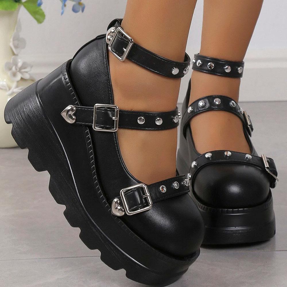 Doratasia Retro Ins Black Round Toe Heel Studded Punk Nightclub Ladies Mary Jane Y2 Lace Buckle Lolita Women'S Shoes
