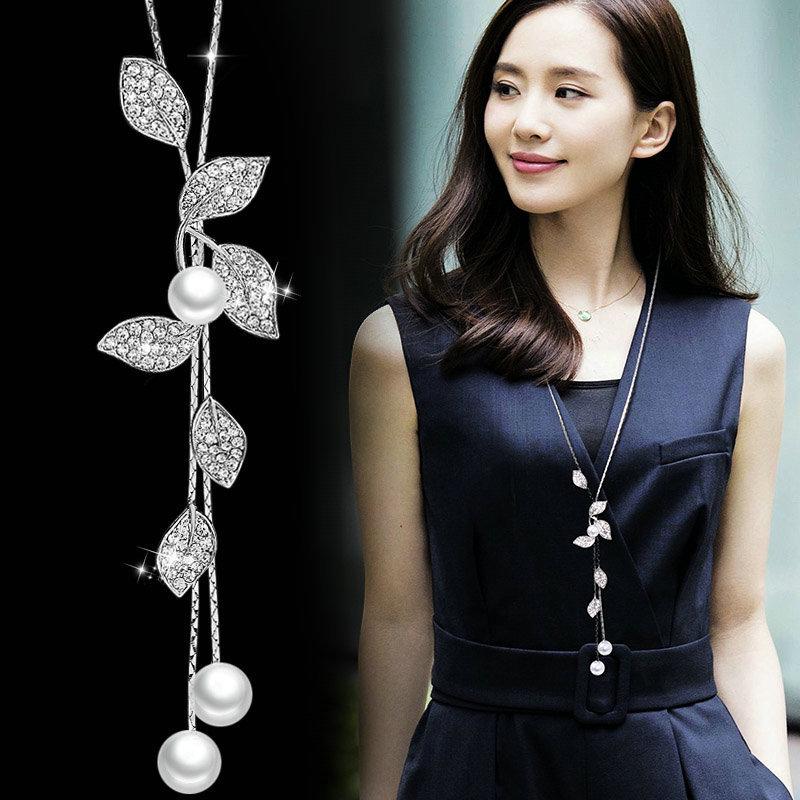 Korean Spring Pearl Leaf Tassel Necklace Pendant for Sweaters