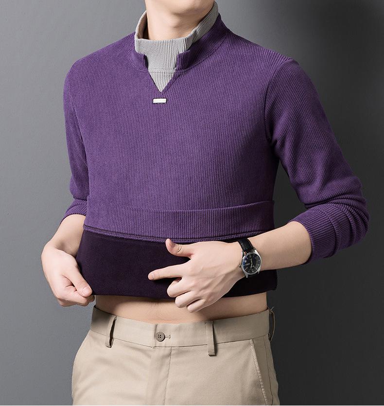 Men's Autumn/Winter Thickened Long-Sleeve Top, Half-High Collar, Plus Velvet Warm Knit Base Layer.
