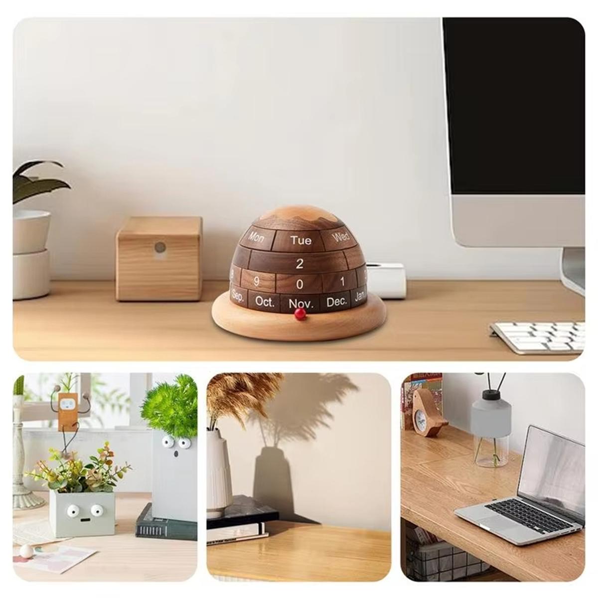 

2025+ Walnut Wood Calendar Rotatable Wooden Planet Desk Calendar with Heavy Duty Base for Home Office Bedroom Date Week China Mainland