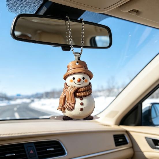 Artistic Snowman Figurine Charm Cute Acrylic Pendant, 2D Flat Car Rearview Mirror Hanging Holiday Pendant Decoration with Keychain Ring, Christmas