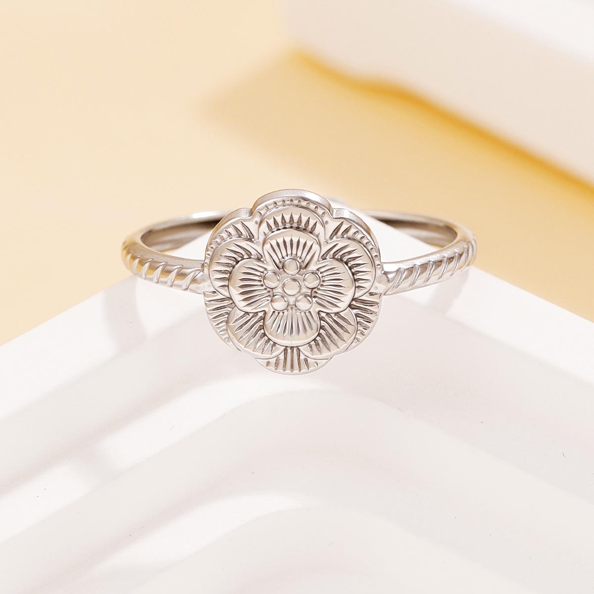 Stainless Steel Cute Rose Flower Open Ring with 3D Carved Design