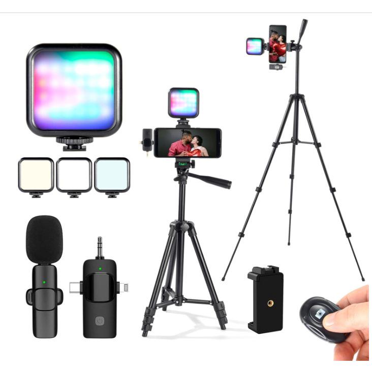 Mobiles Live-Streaming-Kit: Stativ, Fülllicht, Kabelloses Ansteckmikrofon, Taschenlampe