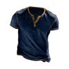 Men T-shirt Color Matching Slim Fit Button V Neck Elastic Soft Casual Pullover Short Sleeves