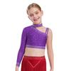 Girls Dance Performance Costume Sparkly Rhinestones Tops Unique Irregular Shoulder Crop Top Feather Detail Briefs Set