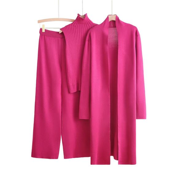 Women's Piece Cardigan Knit Lounge Set 3 Elastic Waist Wide Leg
