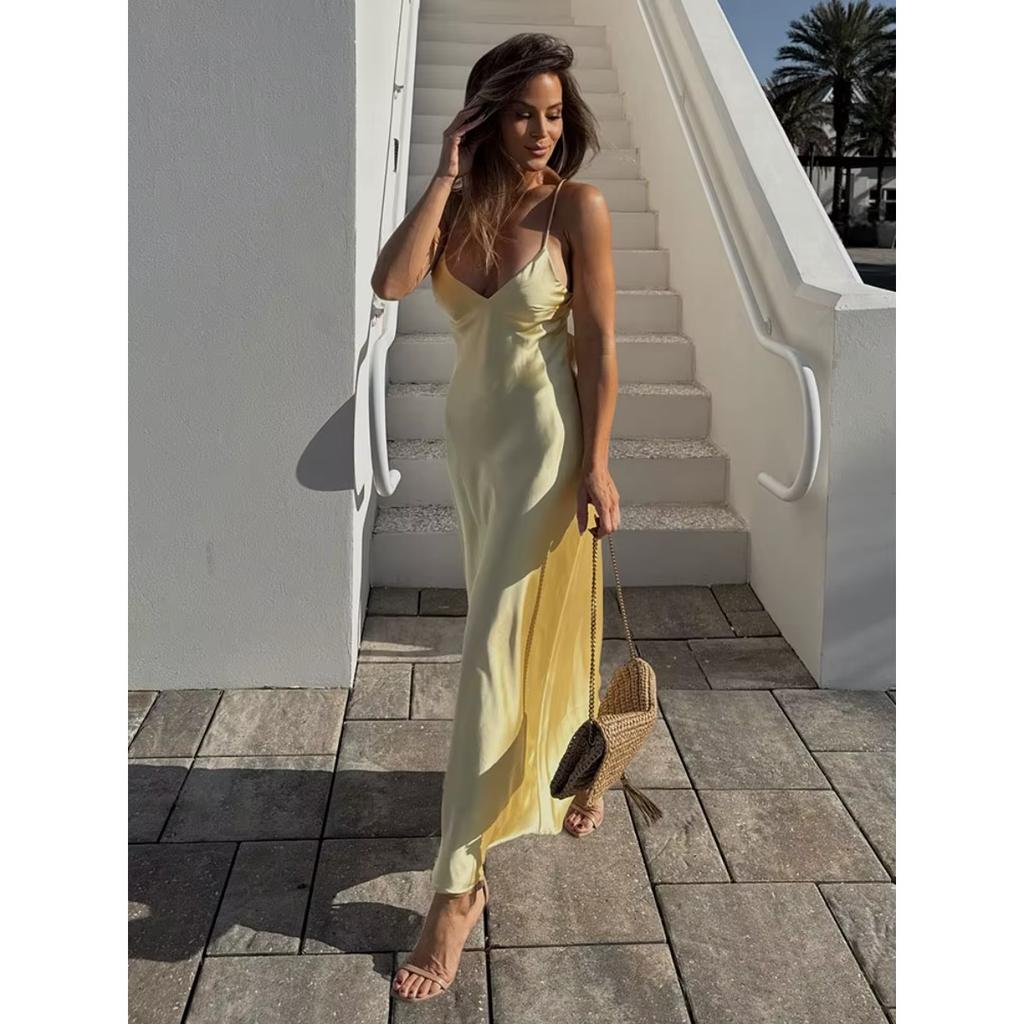 Women Summer Yellow Stain V Neck Sling Dress Elegant Sleeveless Loose Maxi Robes 2025 New Ladies Party Holiday Dresses