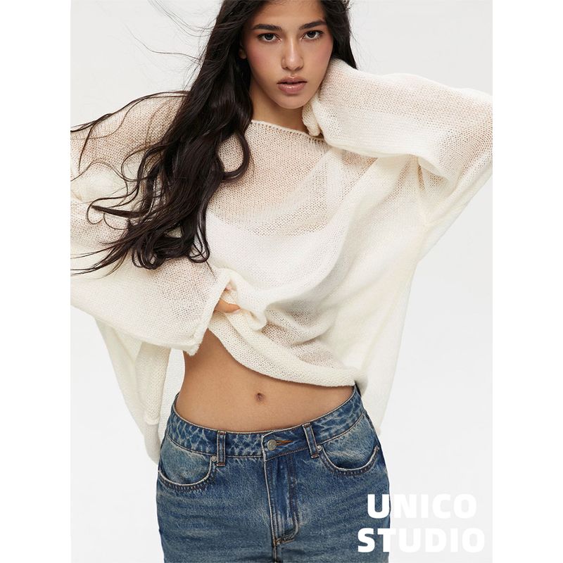 

Преимущества! Американский гяру Скуп Тонкий Полый Свободный Ленивый Универсальный Вязаный Топ Накидка Beige White M