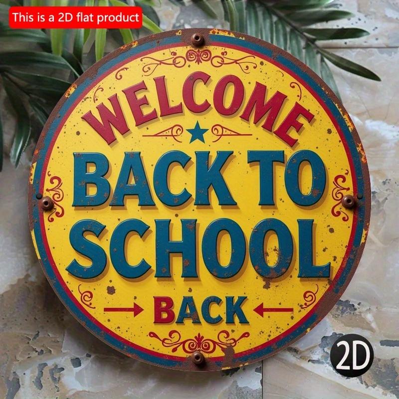 2d Flat 20*20cm Retro Style, Welcome Back To School, Wooden Logo Round, Rural Wooden Wall Decoration with Colorful Borders and Leaf Decorations
