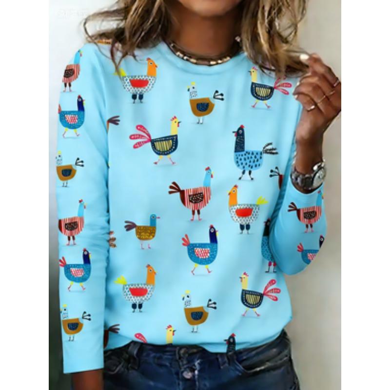 Women's Casual Short Sleeve T-Shirt - Colorful Cartoon Chick Print Round Neck Regular Machine Washable Top for All Seasons