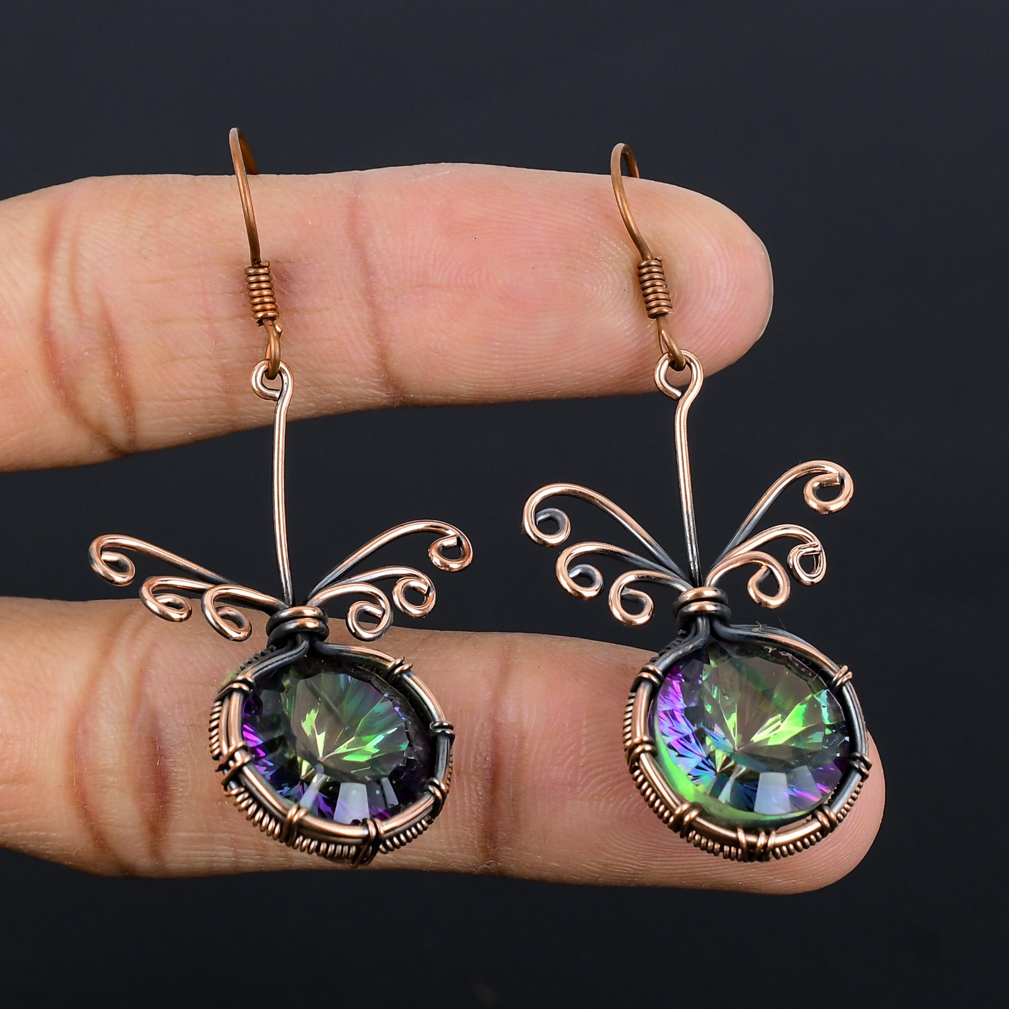 

Серьги с радужным мистическим топазом, ювелирные изделия с драгоценными камнями, серьги, обернутые медной проволокой 999 пробы, красивые серьги ручной работы 2.55 Inches