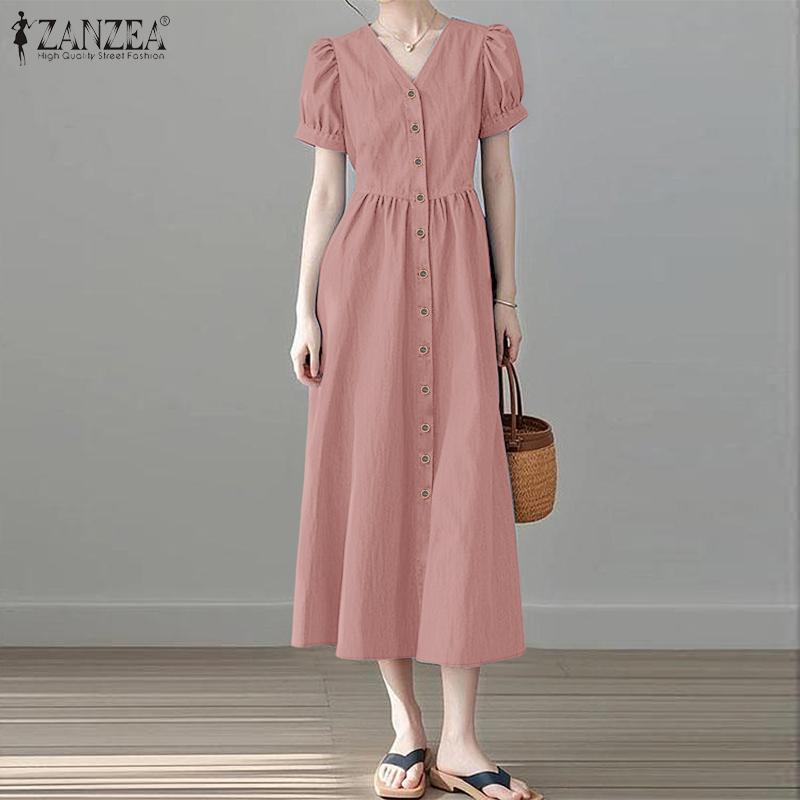 ZANZEA Women Casual V-Neck Short Sleeve Loose Summer Long Dress