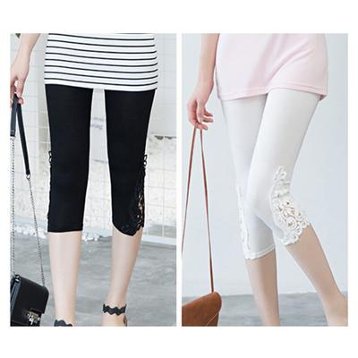 Cropped Leggings Women Embroidery Lace Stitching Pants Thin Summer Stretchy Cropped Elastic Waist Tight-Fitting Pants